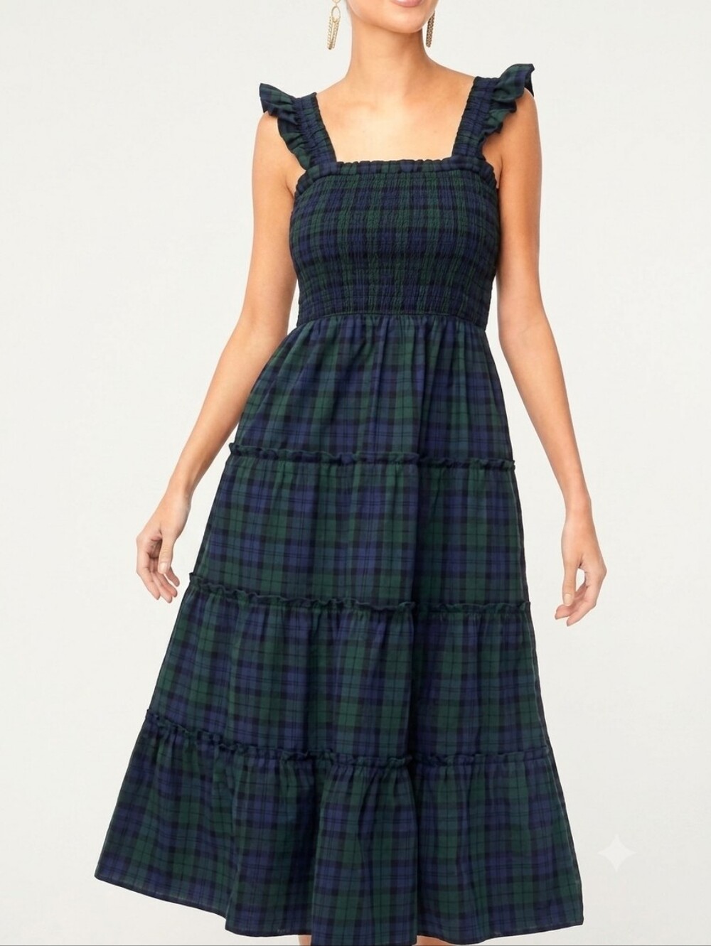 J.Crew Black Watch Tartan Tiered Sleeveless Midi Dress | Size XS | Green Navy - Picture 1 of 10